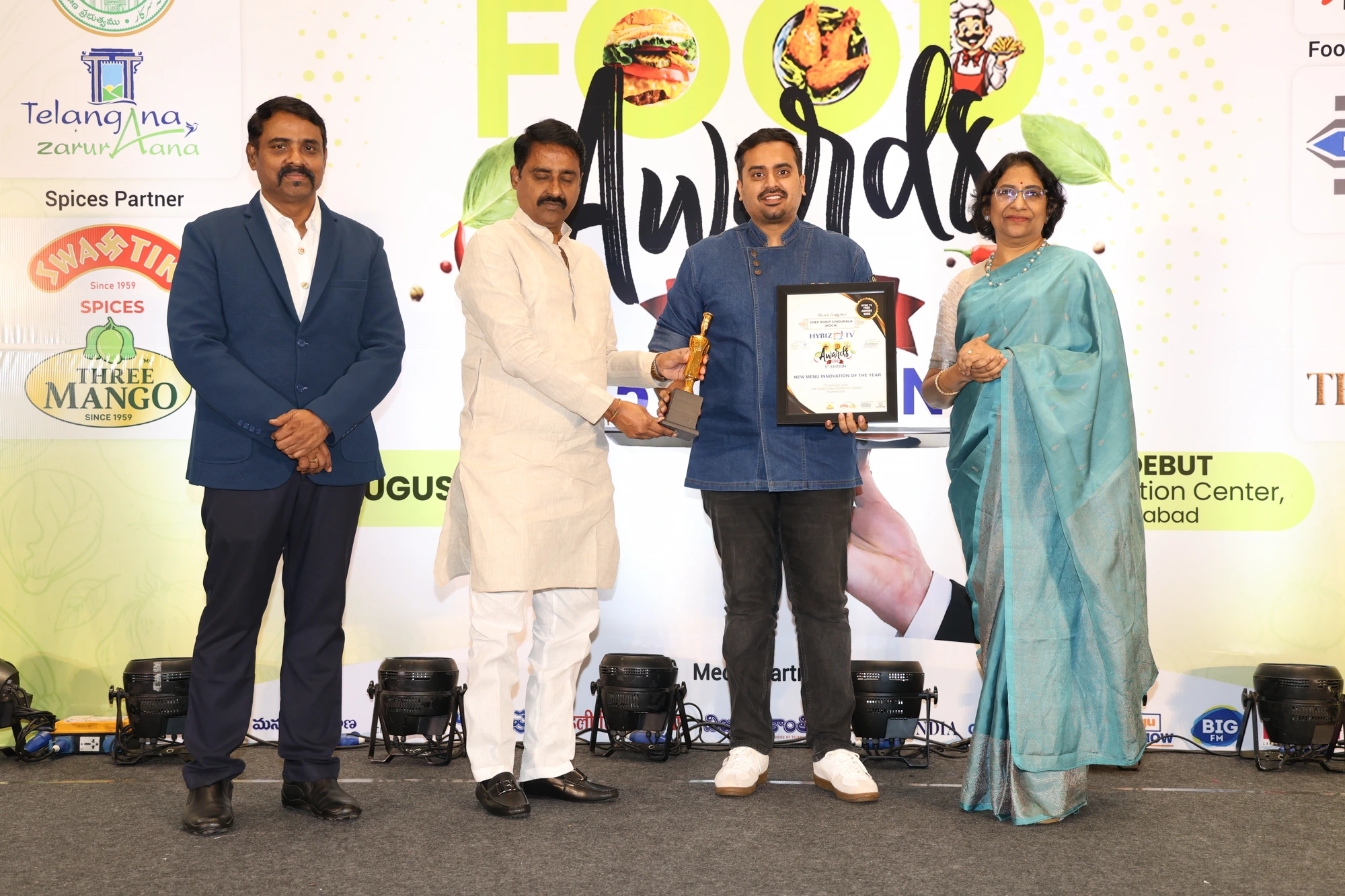 Chef Rohit Chidurala receiving the HYBIZ TV Food Awards 2026 — New Menu Innovation of the Year